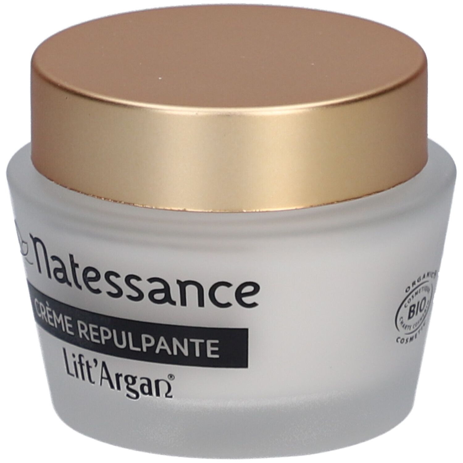 Pot de crème avec couvercle doré. Inscription: Natessance, Crème Repulpante, Lift'Argan. Bio.