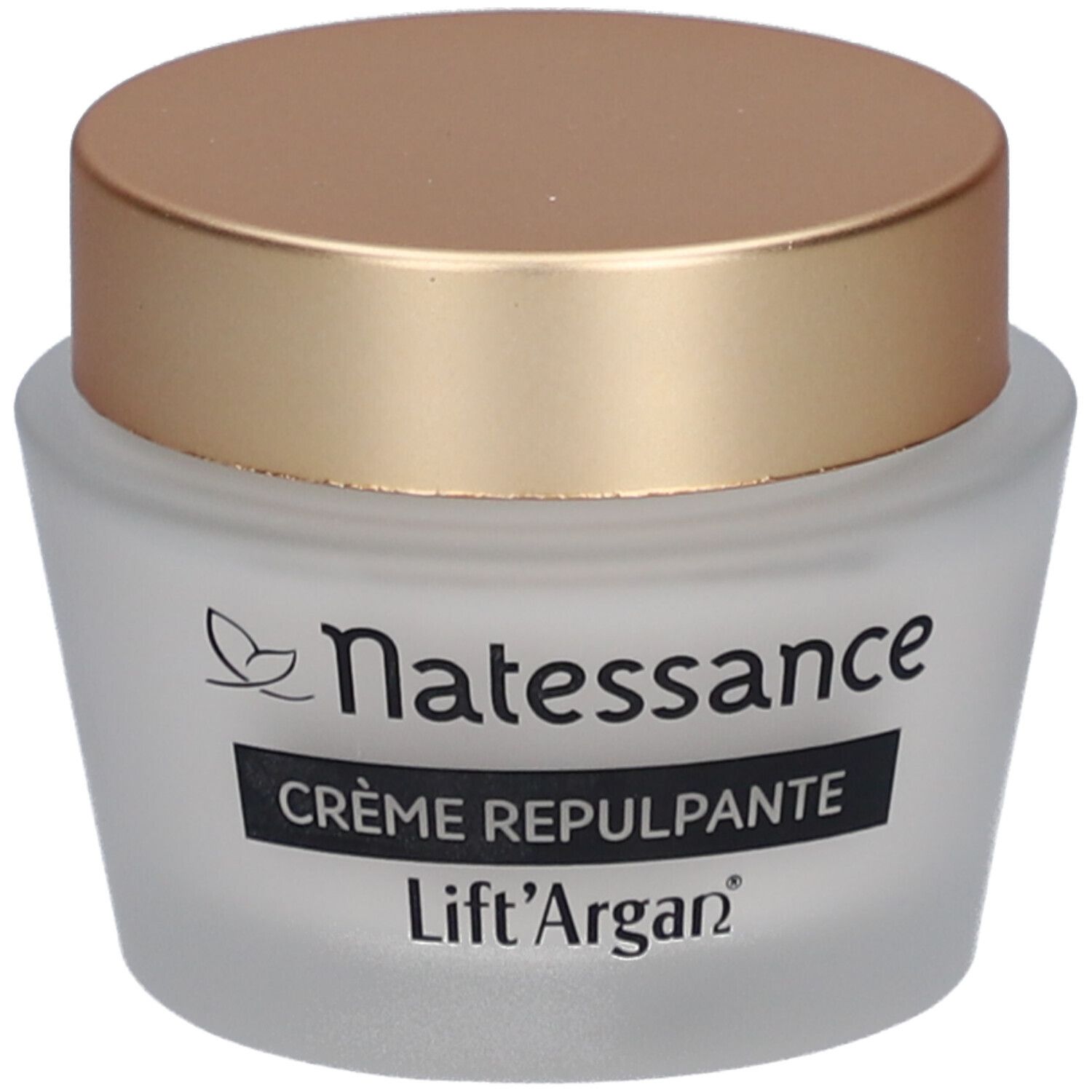 Pot de crème avec couvercle doré. Inscription: Natessance, Crème Repulpante, Lift'Argan.