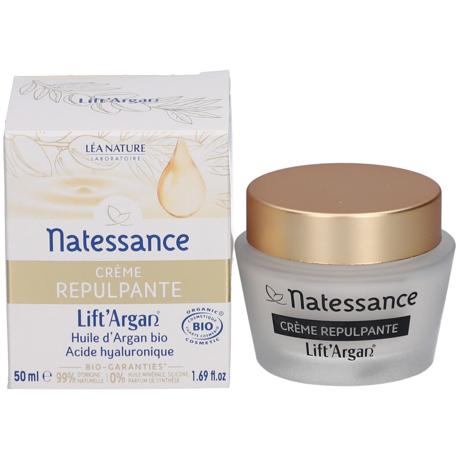 Pot de crème et emballage. Inscription: Natessance, Crème Repulpante, Lift'Argan. Bio.