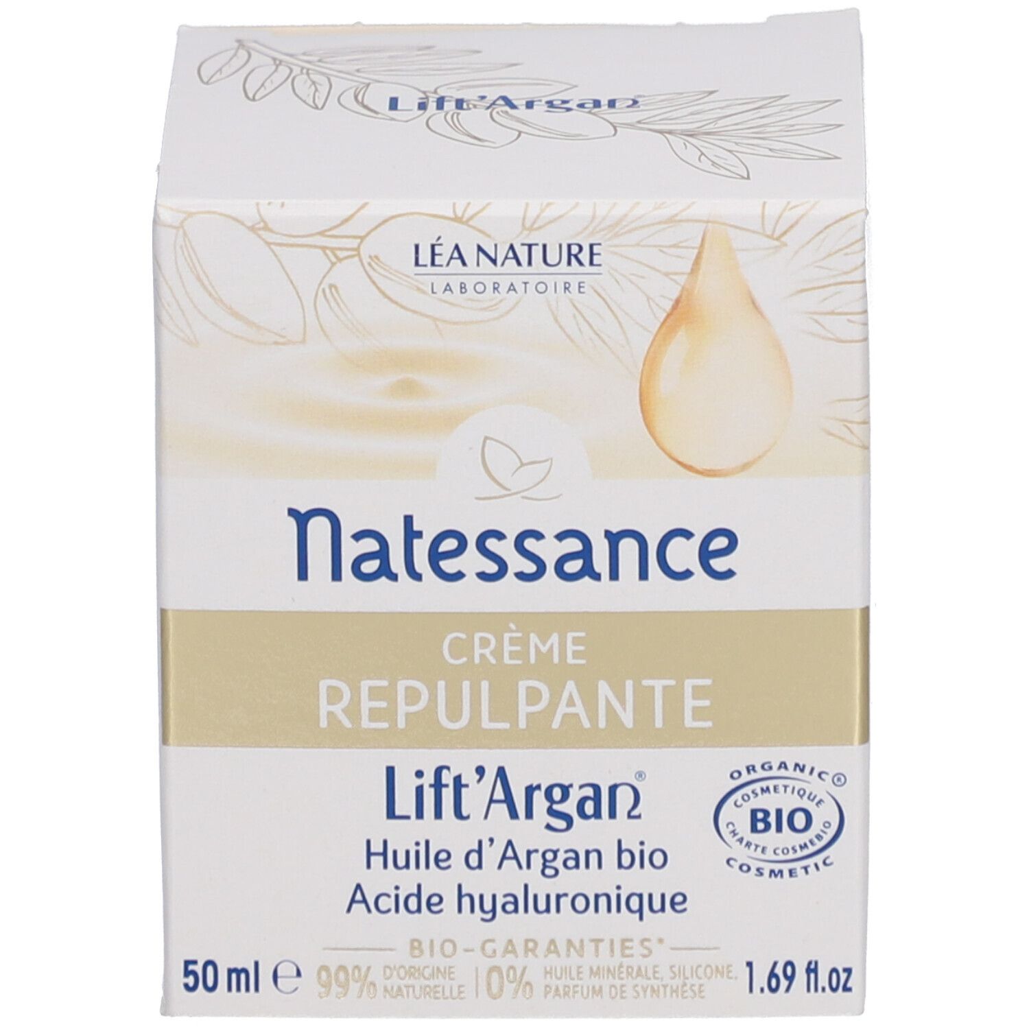 Emballage de crème. Inscription: Natessance, Crème Repulpante, Lift'Argan. Bio.