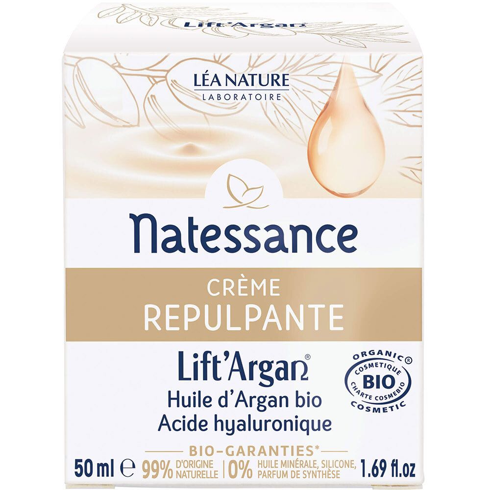 Emballage de crème. Inscription: Natessance, Crème Repulpante, Lift'Argan. Certification bio.