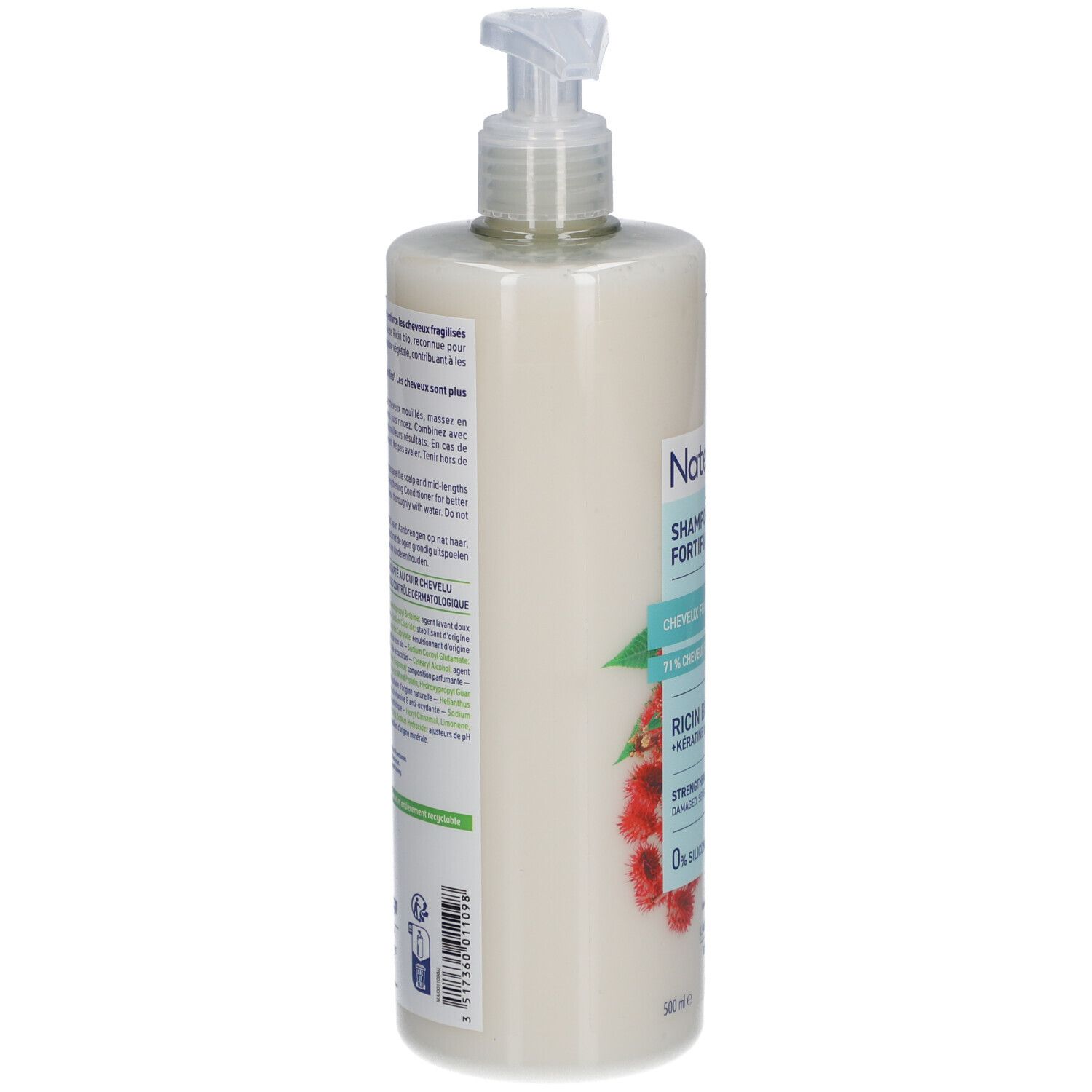 Côté du flacon de shampooing. Informations textuelles sur les ingrédients et l'utilisation. Logo: 91% d'ingrédients naturels.