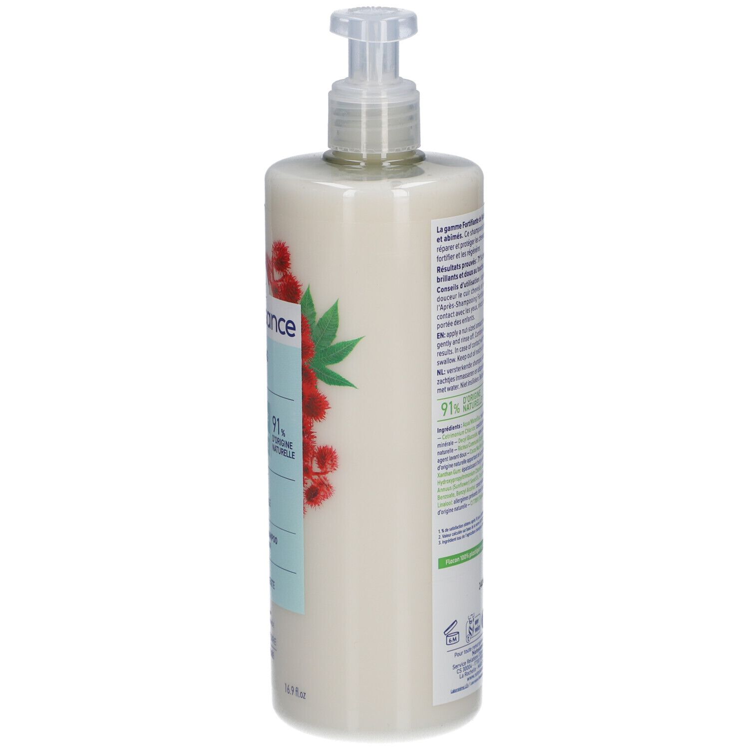 Côté du flacon de shampooing. Informations textuelles sur les ingrédients et l'utilisation. Logo: 91% d'ingrédients naturels.