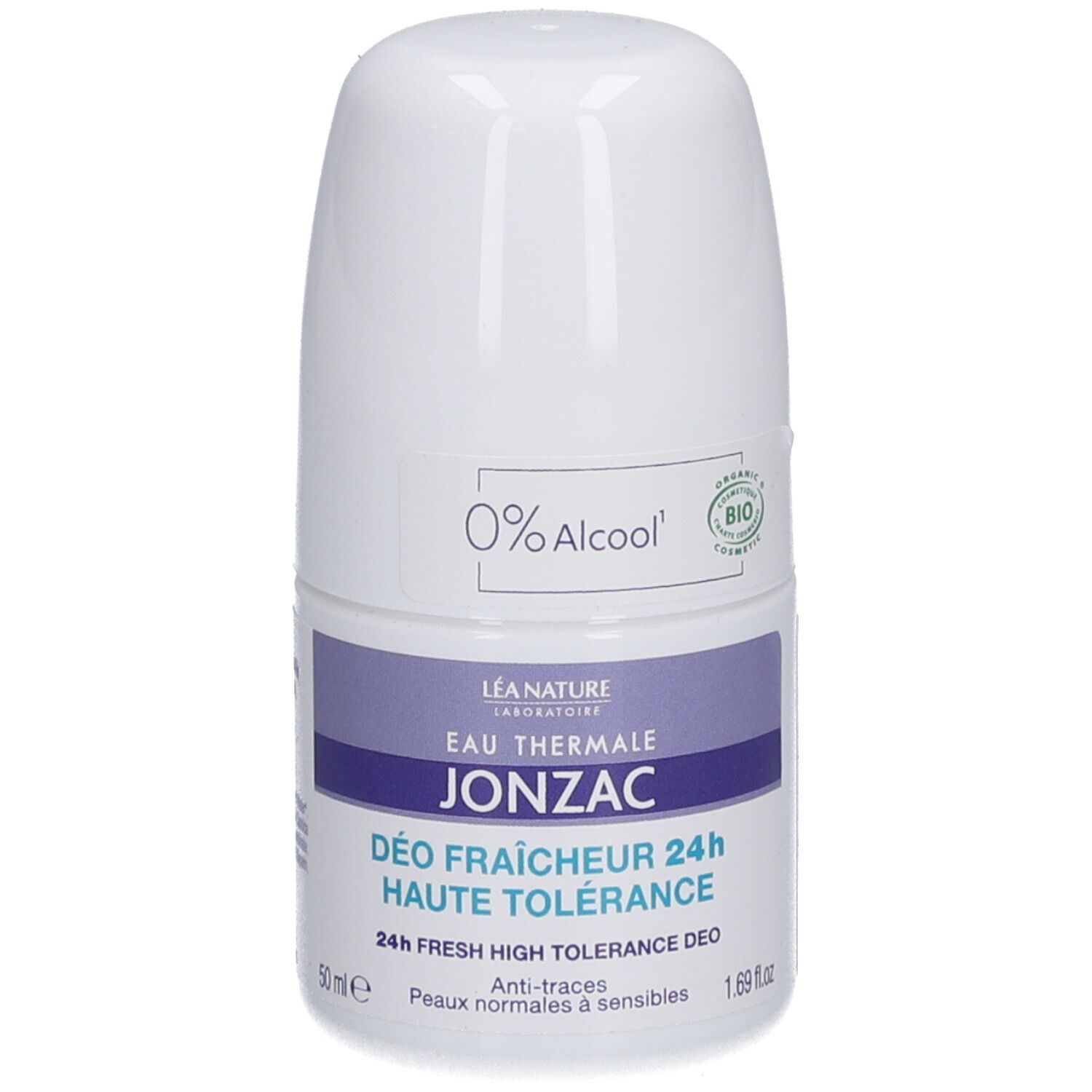 Déodorant roll-on blanc Eau Thermale Jonzac. Inscription "0% Alcool" et label bio. Bandes bleues avec texte.