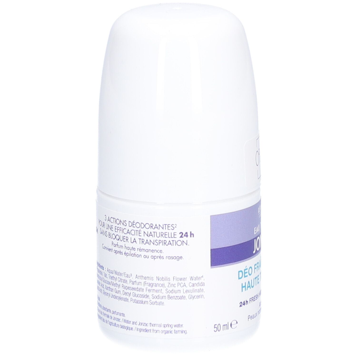 Dos du déodorant roll-on blanc. Texte avec ingrédients et informations. Bandes bleues avec texte.