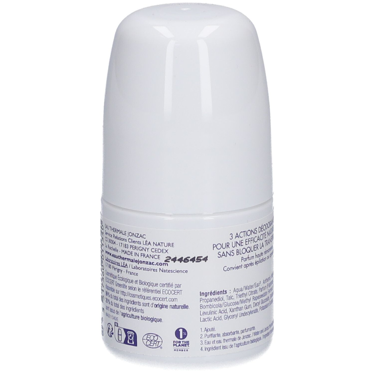 Dos du déodorant roll-on blanc. Texte avec informations fabricant et certification éco. Code-barres.