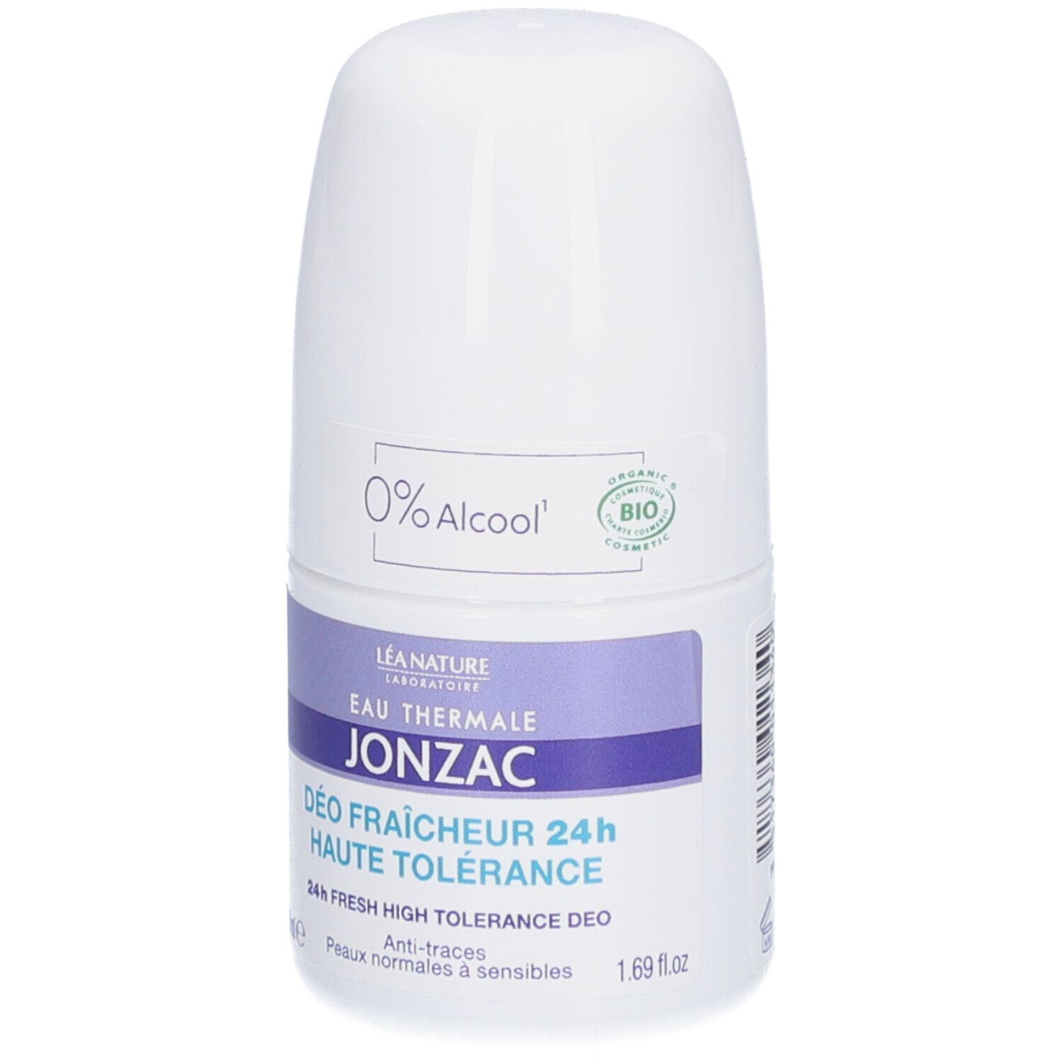 Déodorant roll-on blanc Eau Thermale Jonzac. Inscription "0% Alcool" et label bio. Bandes bleues avec texte.