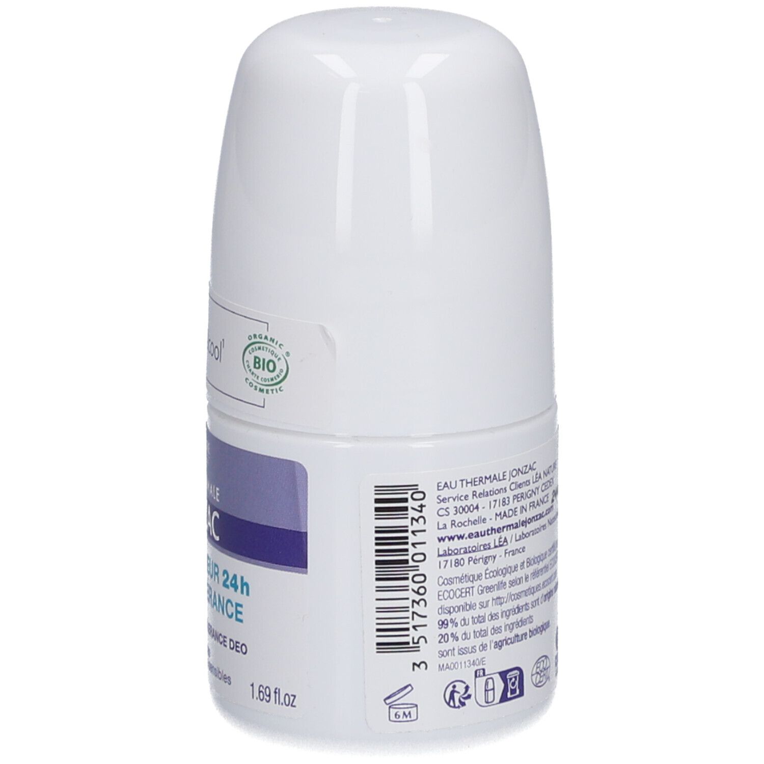 Dos du déodorant roll-on blanc. Texte avec informations fabricant et certification éco. Code-barres.