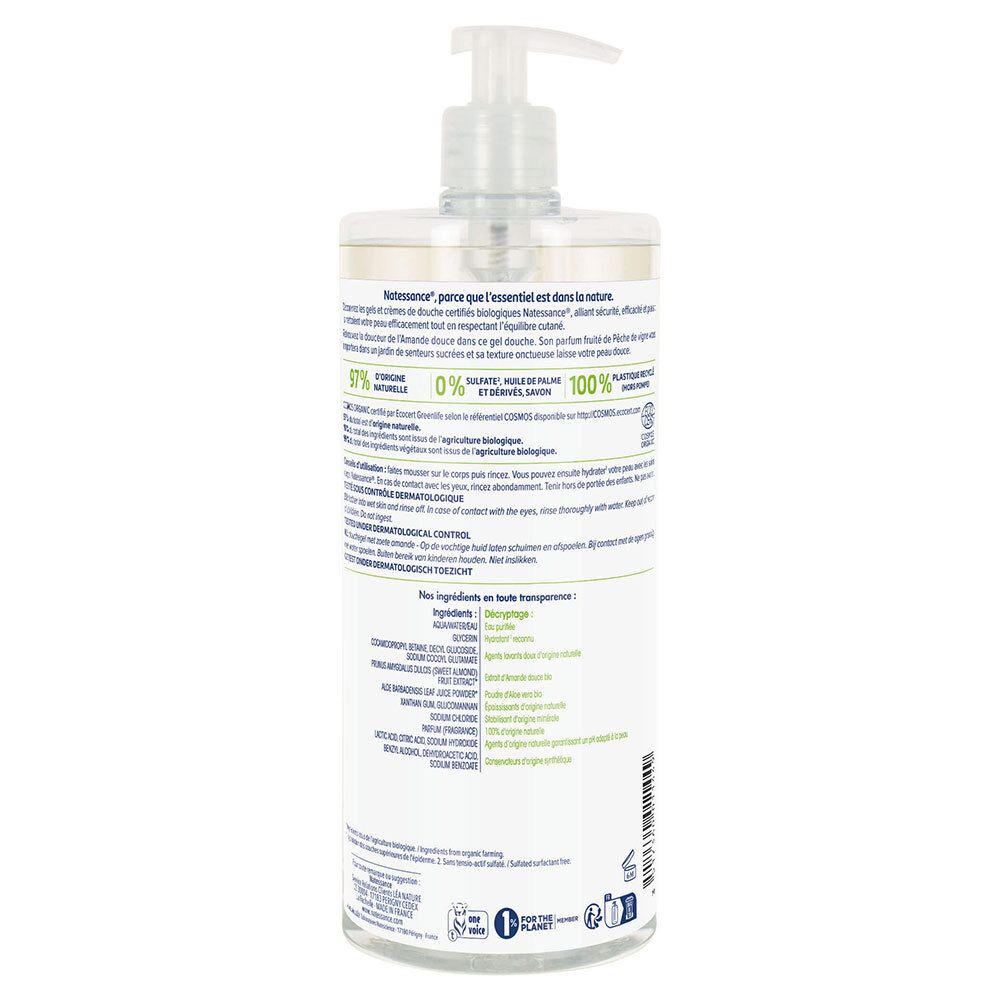 Dos du flacon transparent. Informations textuelles, ingrédients et consignes de recyclage. Certification bio et indications de durabilité.