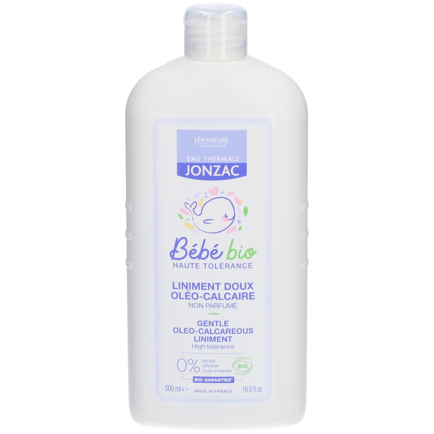 Flacon blanc avec étiquette. Jonzac Bébé Bio Oléo-Calcaire Liniment. Label bio. 500ml. Vue de face.