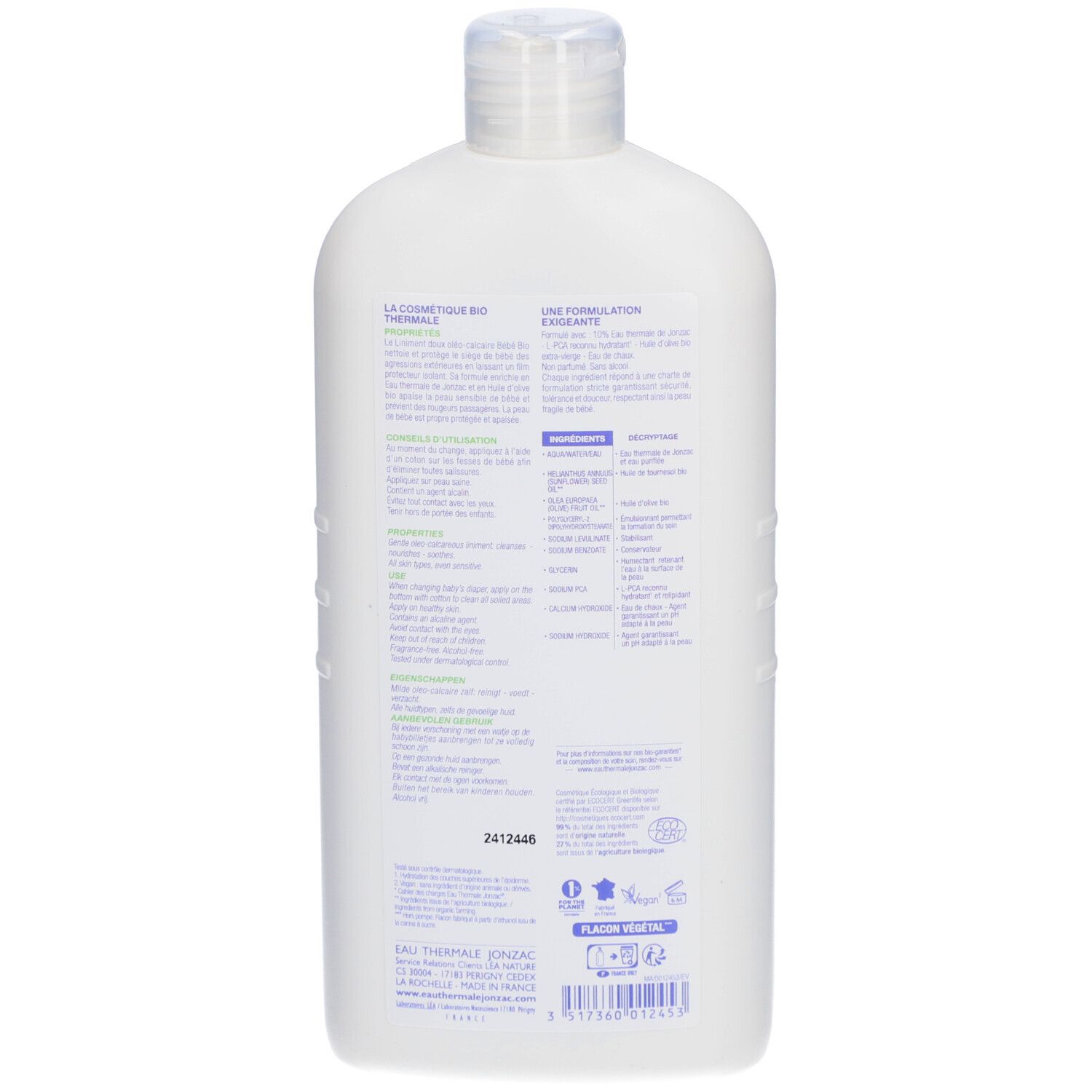 Dos du flacon blanc. Texte avec ingrédients et informations. Certifications bio. Fabriqué en France.