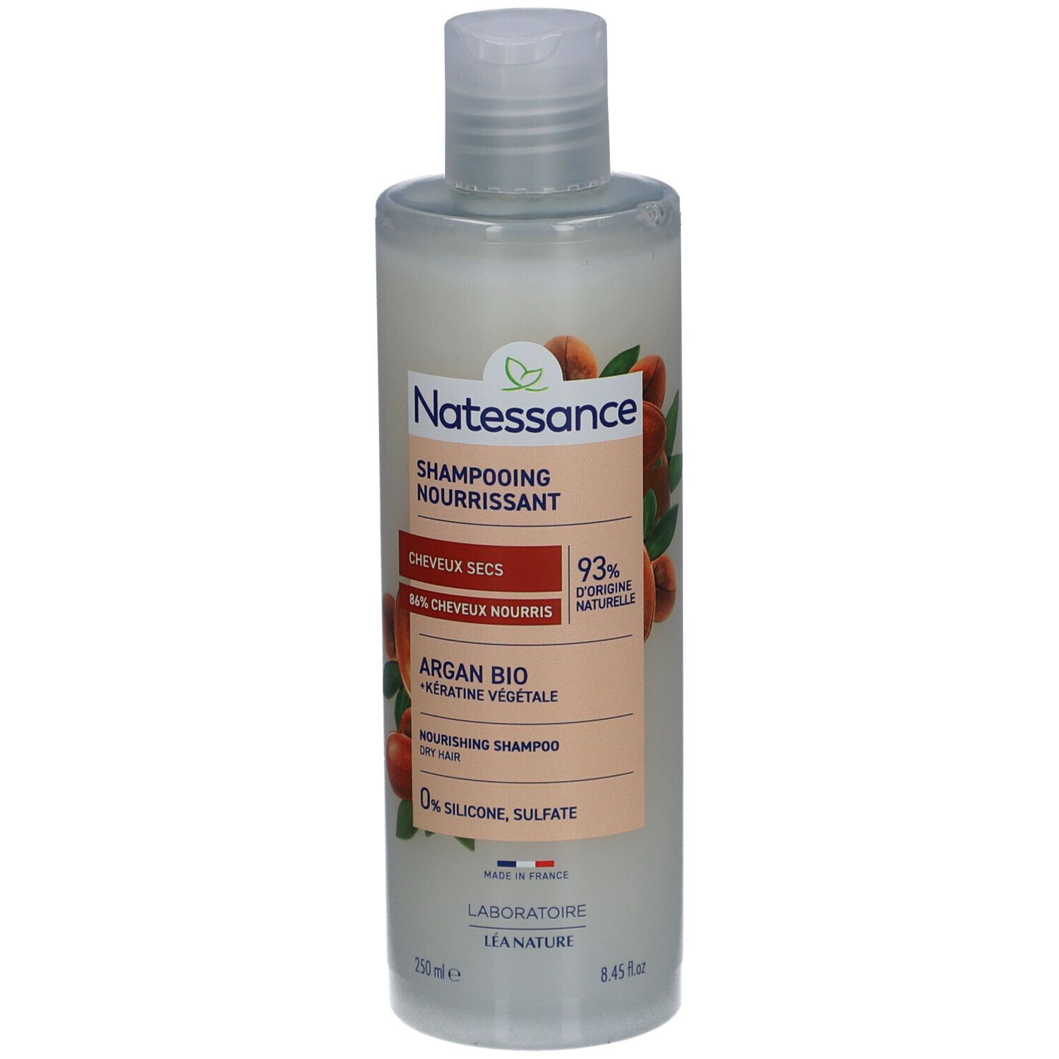 Flacon de shampooing Natessance Argan Bio Kératine Végétale. Pour cheveux secs. 93% d'origine naturelle. Sans silicones et sulfates.