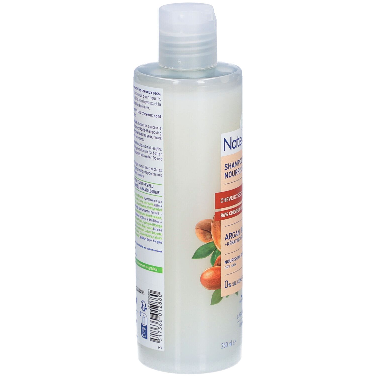 Dos du flacon de shampooing. Informations textuelles, ingrédients, instructions d'utilisation. 93% d'origine naturelle. Pour les cheveux.
