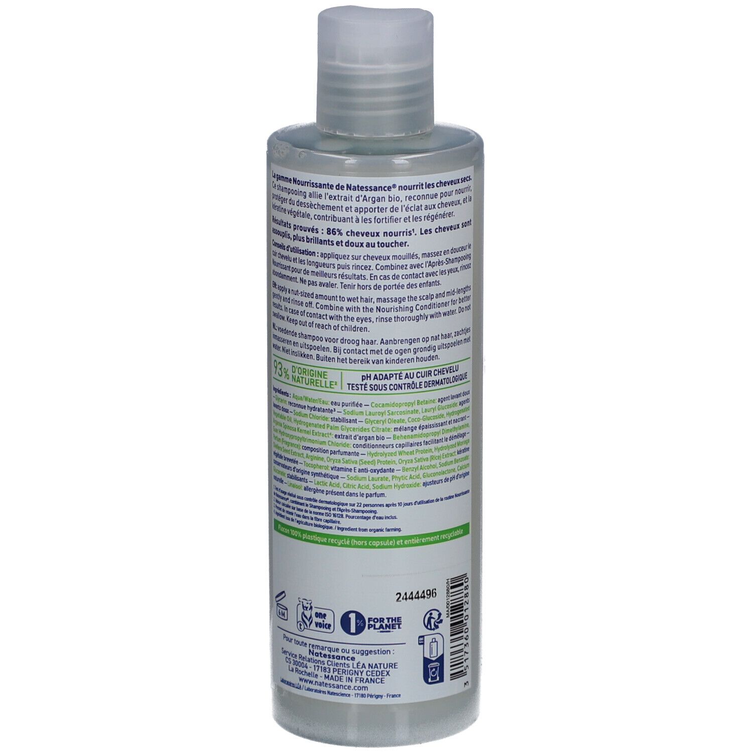 Flacon de shampooing Natessance Argan Bio Kératine Végétale. Pour cheveux secs. 93% d'origine naturelle. Sans silicones et sulfates.