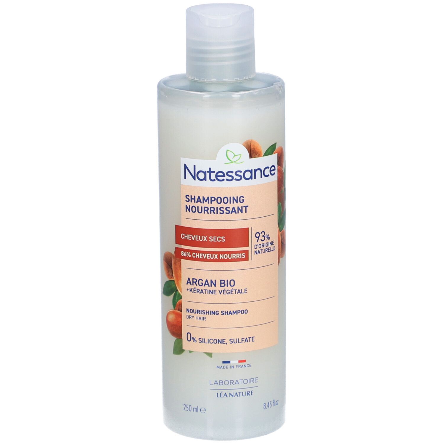 Flacon de shampooing Natessance Argan Bio Kératine Végétale. Pour cheveux secs. 93% d'origine naturelle. Sans silicones et sulfates.