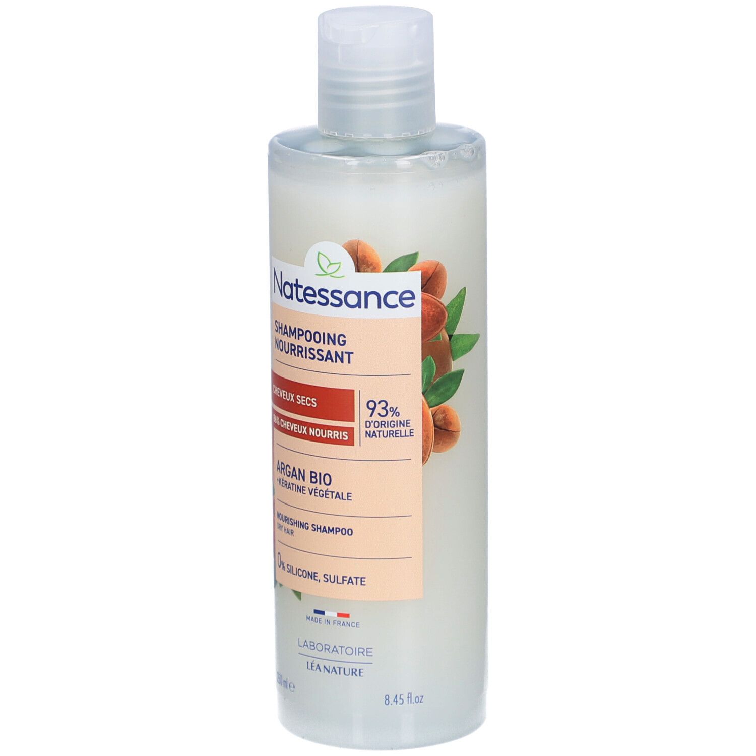 Flacon de shampooing Natessance Argan Bio Kératine Végétale. Pour cheveux secs. 93% d'origine naturelle. Sans silicones et sulfates.