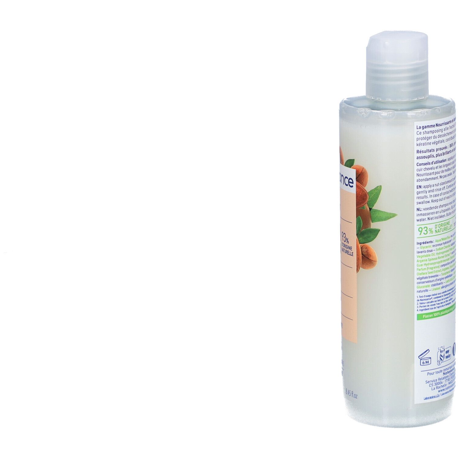 Flacon de shampooing Natessance Argan Bio Kératine Végétale. Pour cheveux secs. 93% d'origine naturelle. Sans silicones et sulfates.