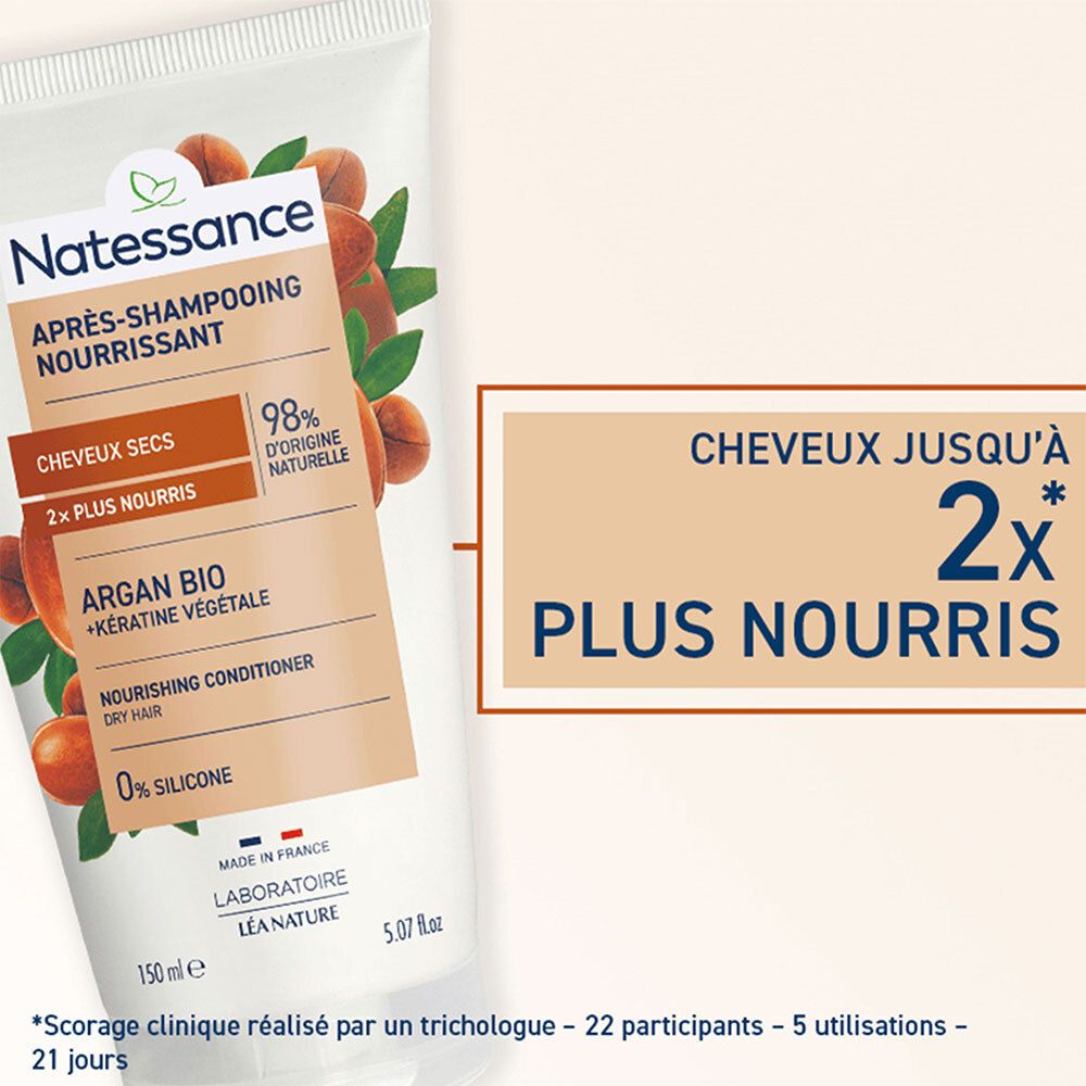 Gros plan sur le texte de la tube. Texte: Cheveux jusqu'à 2x plus nourris. En bas: *Scorage clinique réalisé par un trichologue - 22 participants - 5 utilisations - 21 jours.