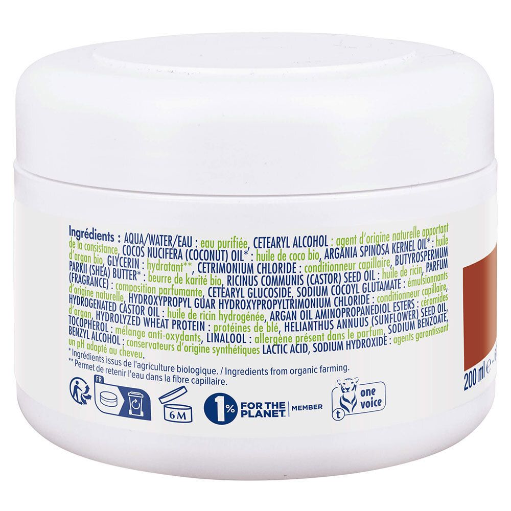 Dos du pot blanc. Liste des ingrédients et logos. 200ml. Fabriqué en France.