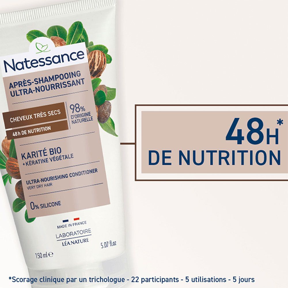 Détail du tube avec texte: 48h de Nutrition. Texte: Karité Bio + Kératine végétale. Texte: 0% Silicone. Fond: beige.