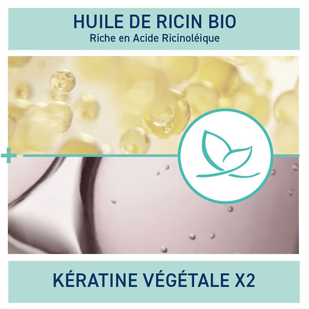 Gros plan sur des gouttelettes d'huile et du texte. Texte: Huile de Ricin Bio, Riche en Acide Ricinoléique. Kératine Végétale X2. Logo.
