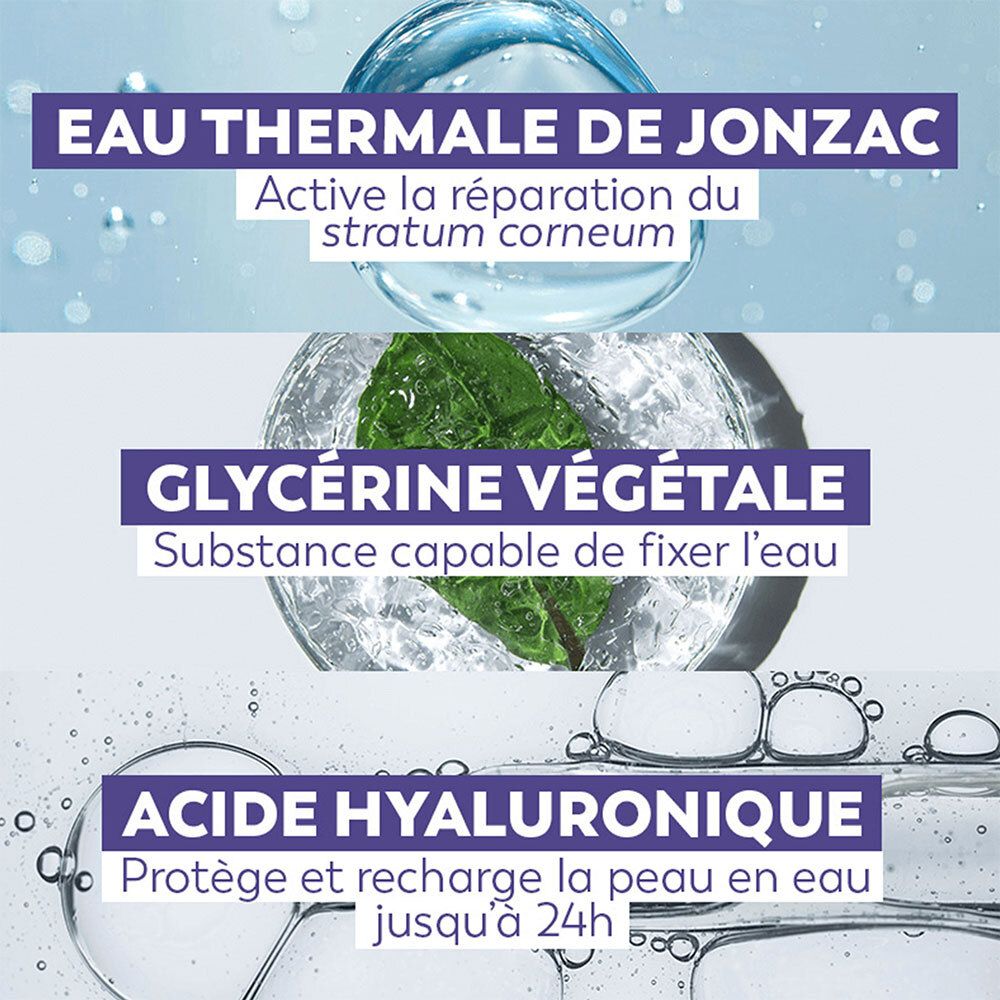 Graphique avec texte: Eau Thermale de Jonzac, Glycérine Végétale, Acide Hyaluronique. Ingrédients pour le soin de la peau.
