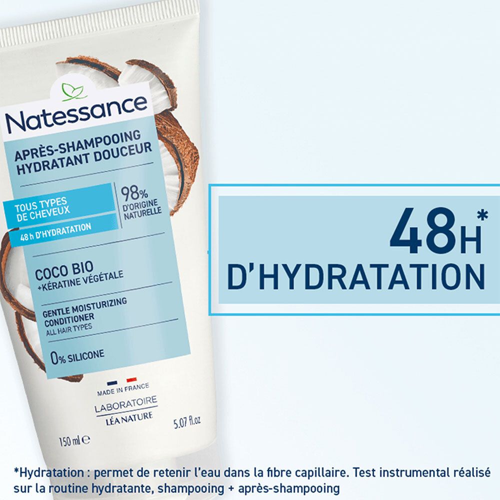 Détail du tube. Texte: 48h D'Hydratation. Natessance, Après-Shampooing, Coco Bio, Kératine Végétale. 150 ml.