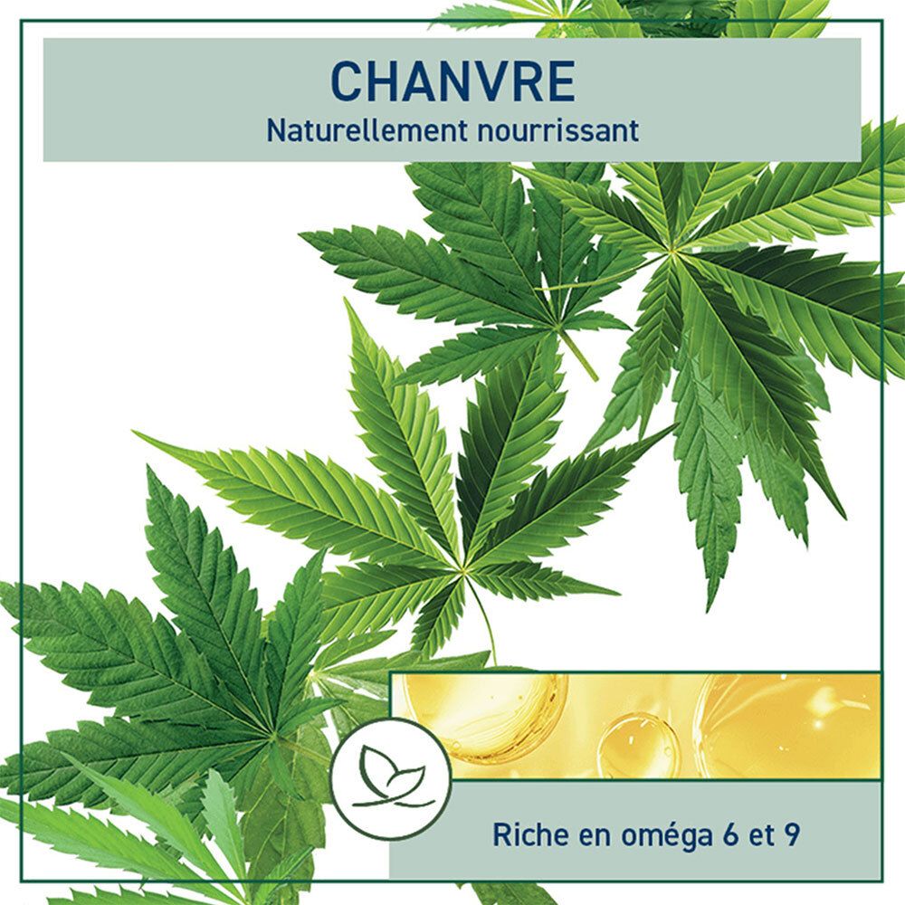 Feuilles de chanvre et liquide jaune. Inscription: Chanvre, Naturellement nourrissant. Logo. Riches en oméga 6 et 9.