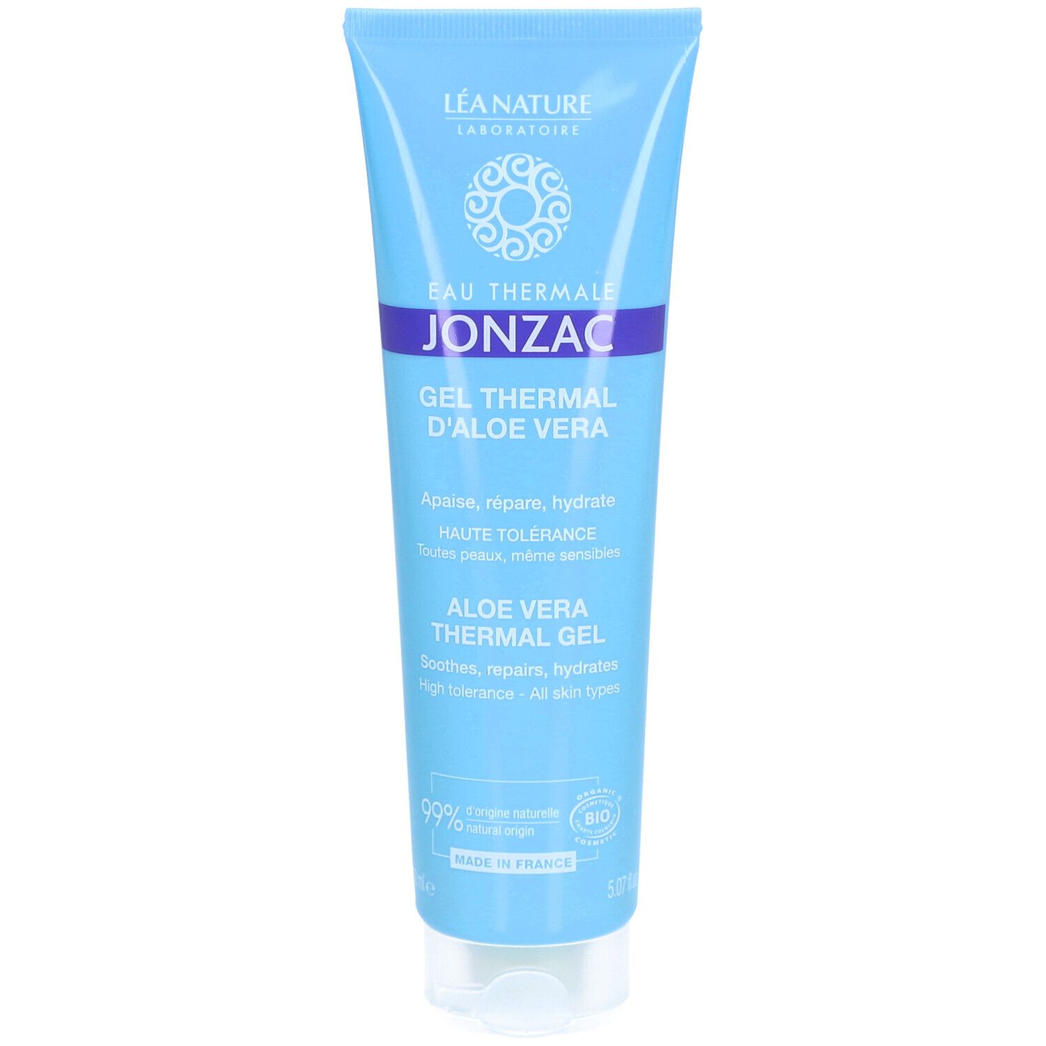 Tube bleu clair avec texte. "Eau Thermale Jonzac Gel Thermal d'Aloe Vera" est visible. Certification bio.