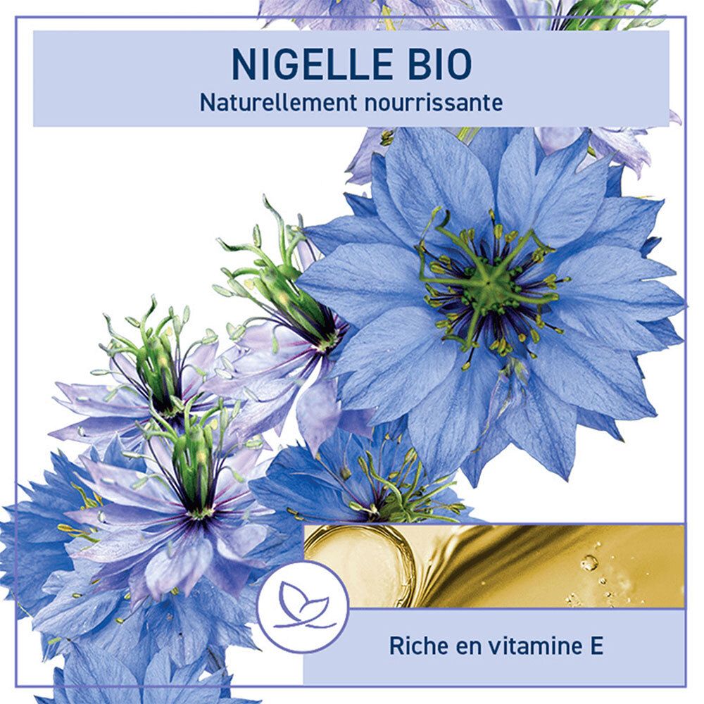 Gros plan de fleurs bleues et d'huile. Inscription: Nigelle Bio, Riche en vitamine E. Avec logo.