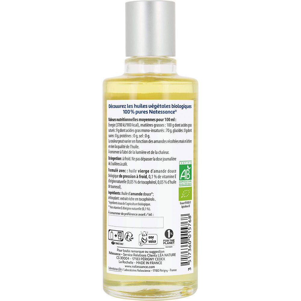 Dos d'un flacon d'huile. Informations nutritionnelles, ingrédients et certifications. Label AB Bio.