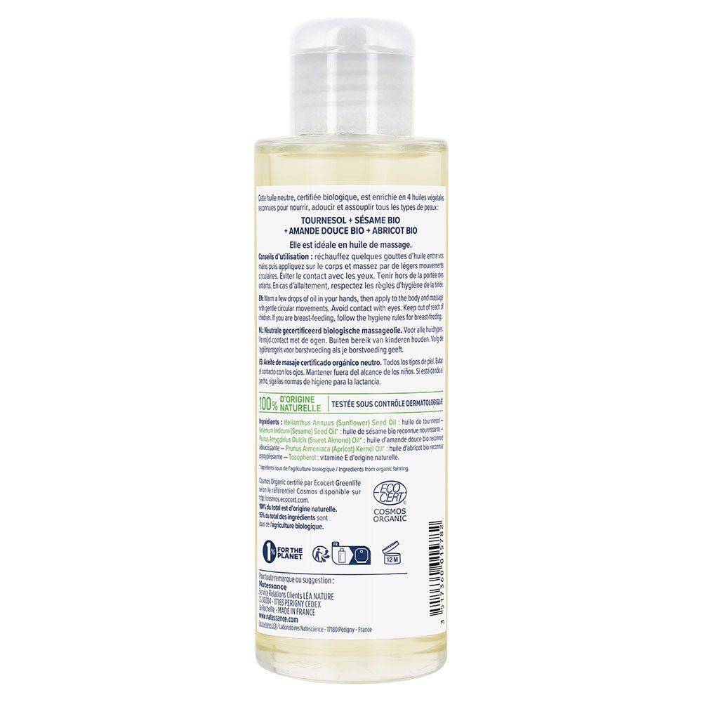 Dos du flacon. Texte en français sur les ingrédients, l'utilisation et les certifications. Logo de certification Bio.