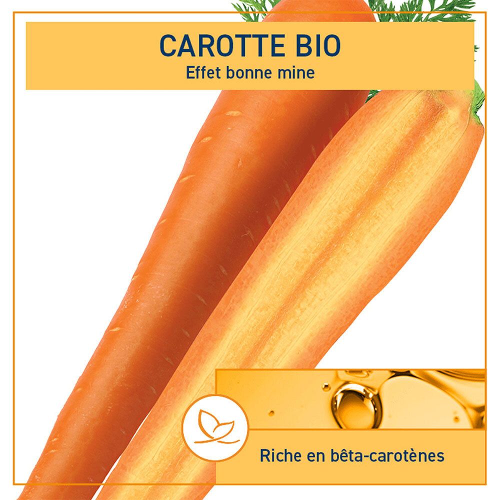 Gros plan sur carottes et huile. Texte: Carotte Bio, Effet bonne mine. Logo et texte: Riche en bêta-carotènes.