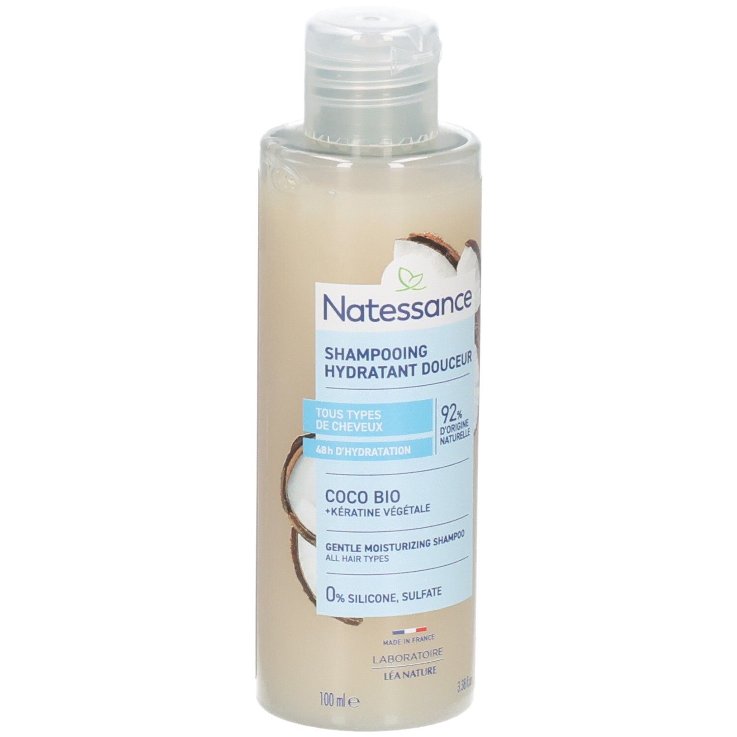 Flacon de shampooing avec illustration de noix de coco. Texte: Natessance, Shampooing hydratant douceur, Coco Bio, 0% silicone, sulfate.