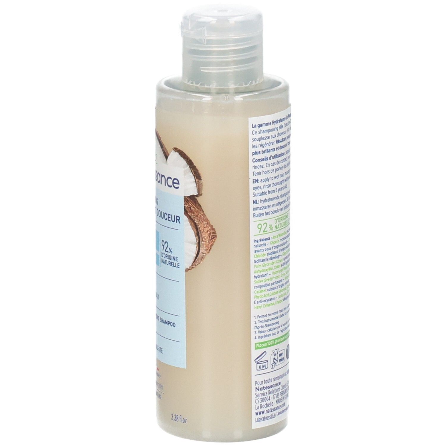 Flacon de shampooing, légèrement incliné. Texte: Natessance, Shampooing hydratant douceur, Coco Bio, 0% silicone, sulfate.