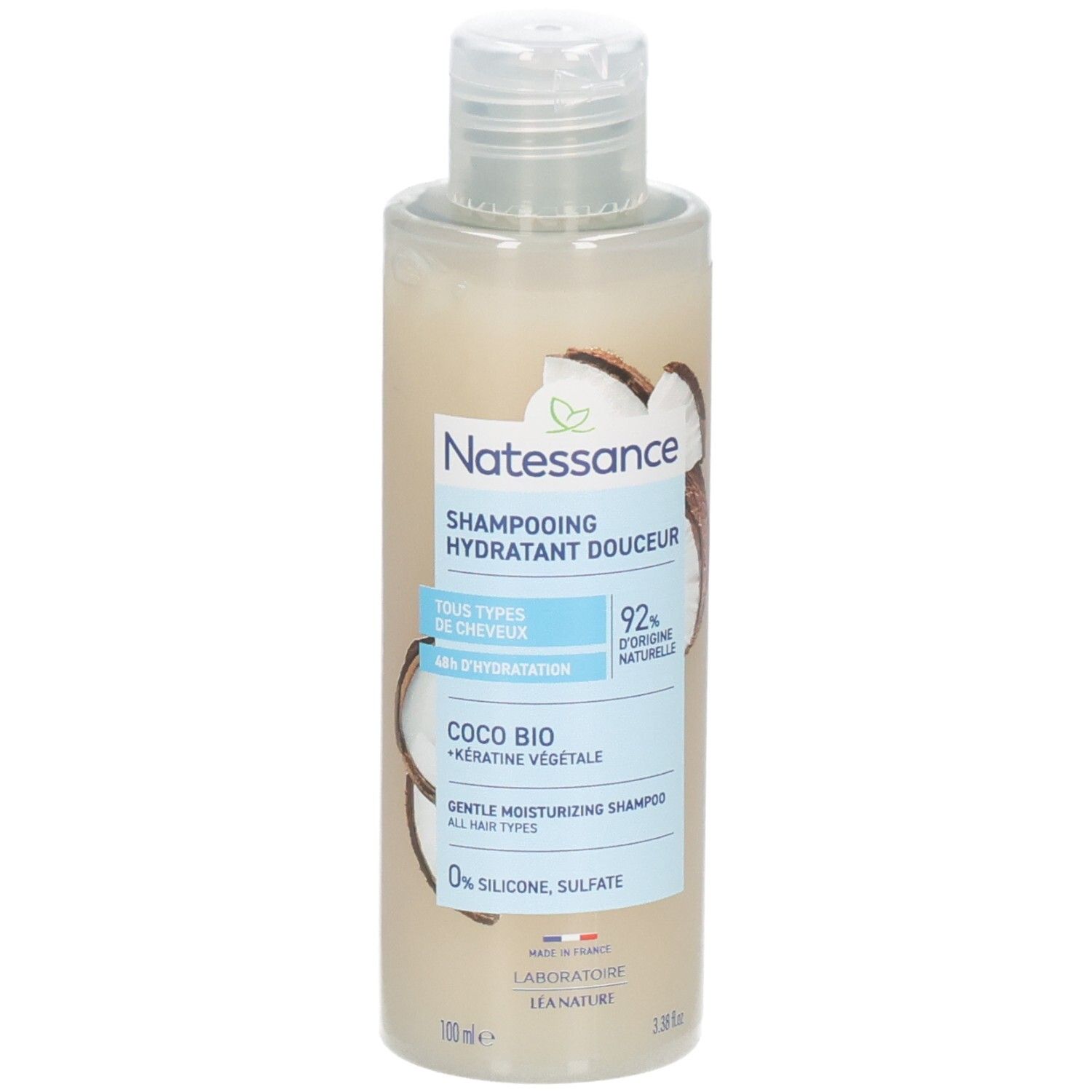 Flacon de shampooing avec illustration de noix de coco. Texte: Natessance, Shampooing hydratant douceur, Coco Bio, 0% silicone, sulfate.