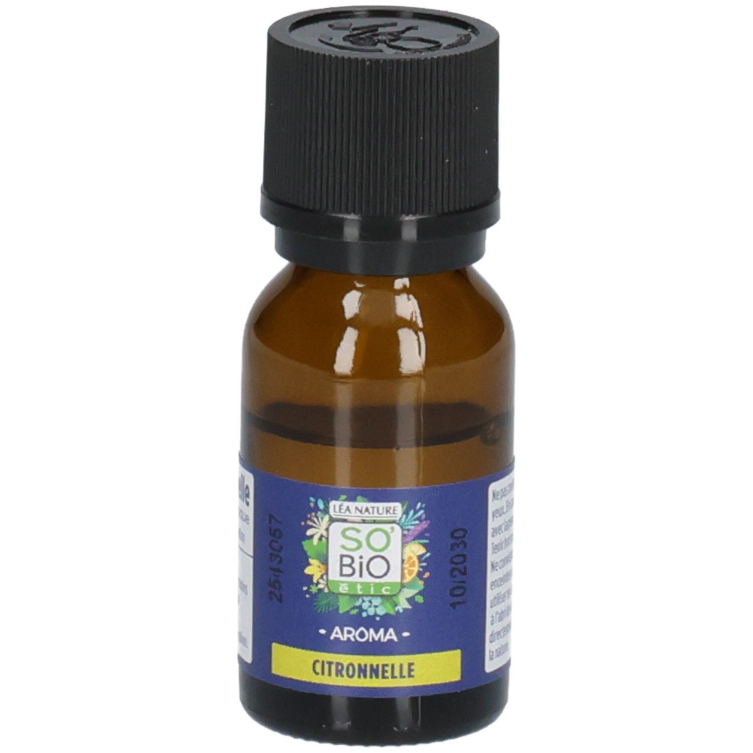 Huile essentielle So' Bio Etic Aroma Citronnelle dans un flacon en verre brun avec bouchon noir.