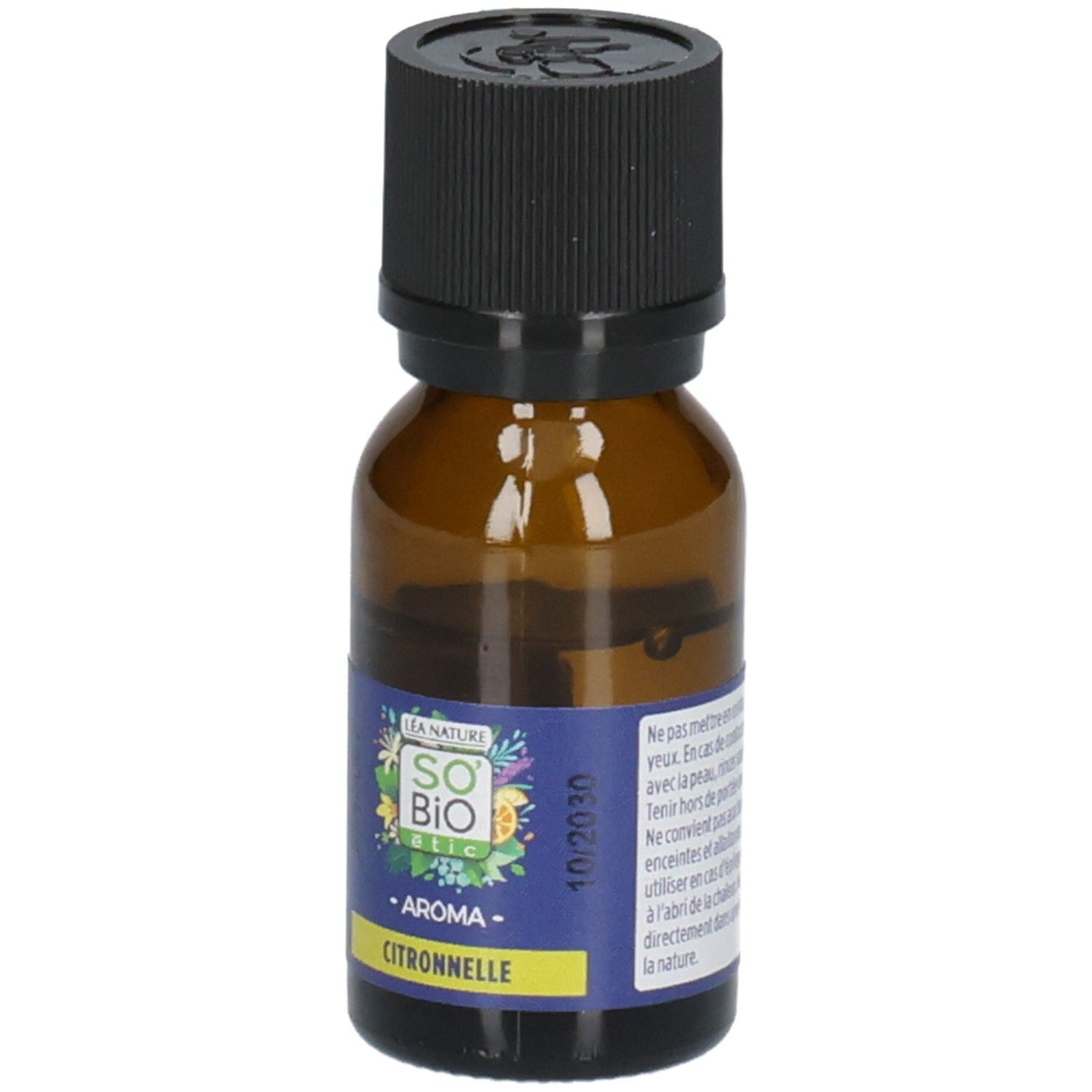 Flacon d'huile essentielle So' Bio Etic Aroma Citronnelle avec étiquette.