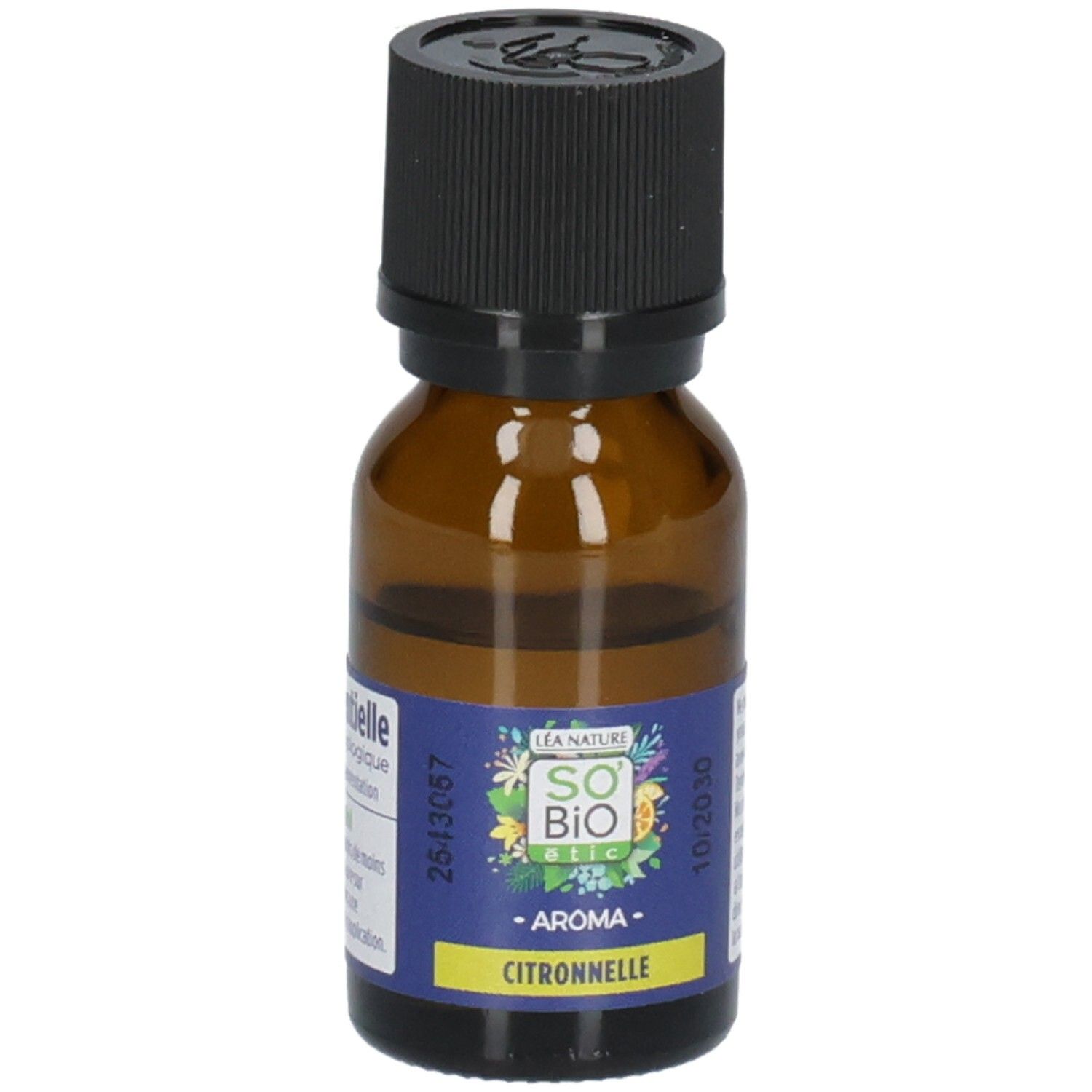 Gros plan de l'étiquette du flacon So' Bio Etic Aroma Citronnelle.