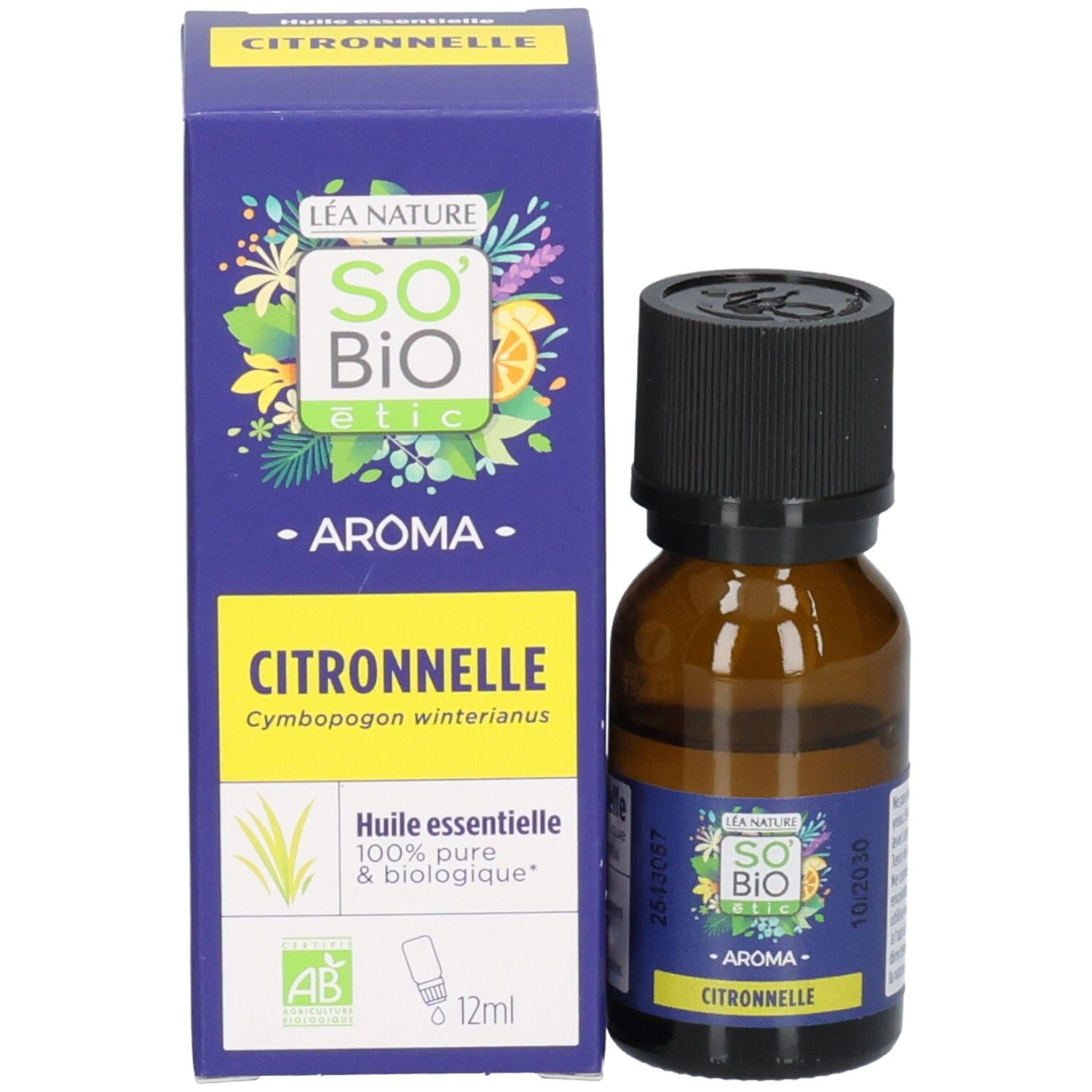 Flacon d'huile essentielle So' Bio Etic Aroma Citronnelle et son emballage.
