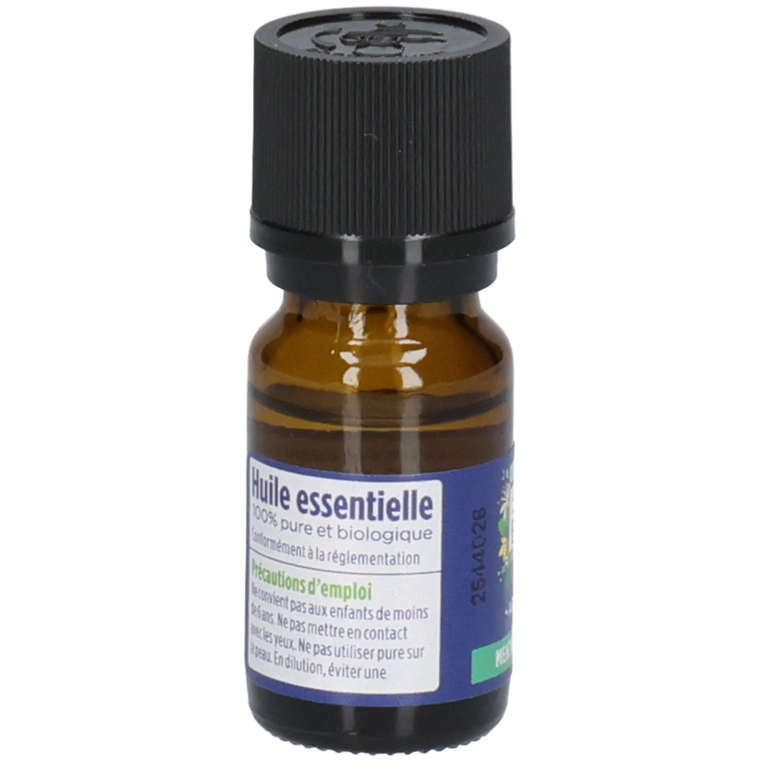 Arrière d'un flacon avec étiquette "Huile essentielle 100% pure et biologique".