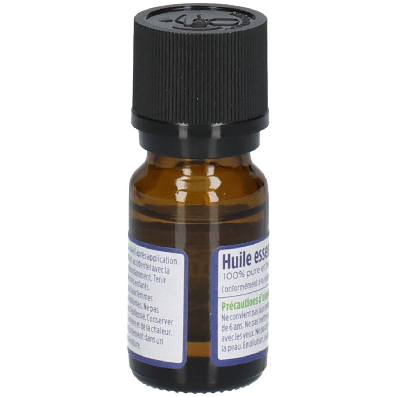 Vue latérale d'un flacon avec étiquette "Huile essentielle 100% pure et biologique".