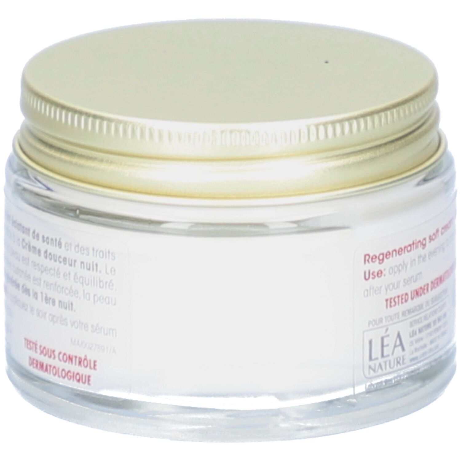 Crème en pot de verre avec couvercle doré. Inscription: SO'BiO étic, Mon Lait d'Ânesse, Crème douceur régénérante, Nuit. Texte en français.