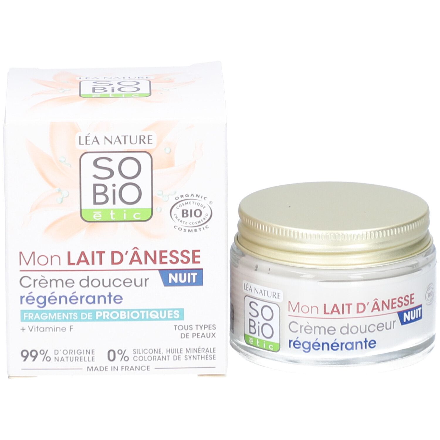 Emballage produit et pot de crème. Inscription: SO'BiO étic, Mon Lait d'Ânesse, Crème douceur régénérante, Nuit. Certification bio.