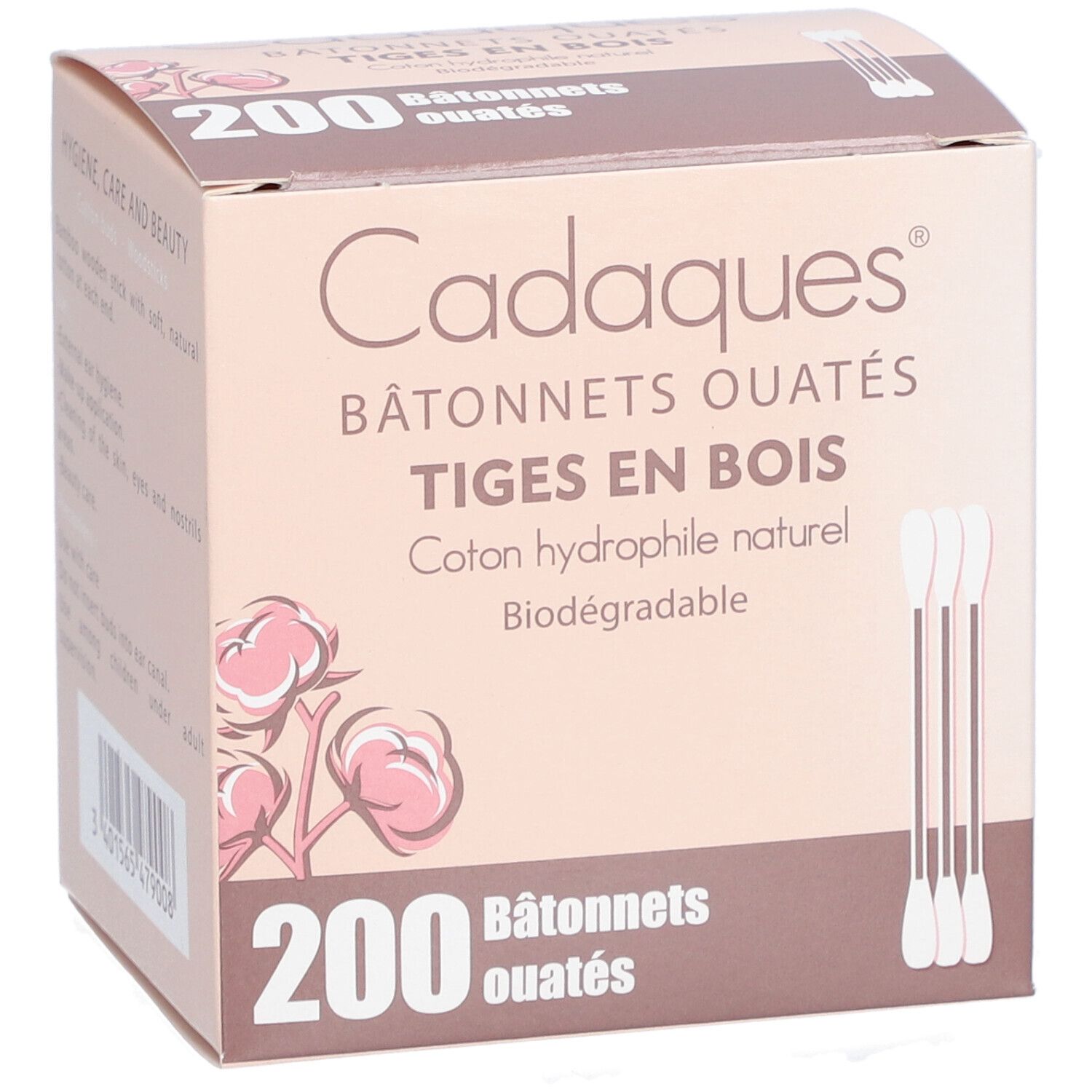 CADAQUES - Bâtonnet coton-tige en bois ouaté de coton hydrophile aux 2 extrémités.  - bt 2