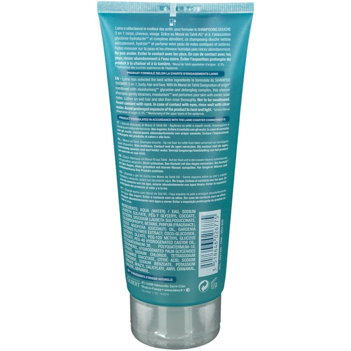 Dos du tube turquoise LAINO. Texte multilingue, incluant ingrédients et informations produit.