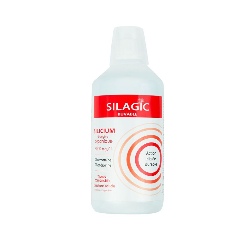 SILAGIC buvable: Bouteille avec étiquette rouge, Silicium organique, Glucosamine, Chondroïtine.