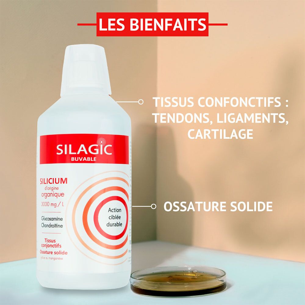 SILAGIC buvable: Bouteille avec étiquette, "Les Bienfaits", "Tissus Conjonctifs", "Ossature Solide".