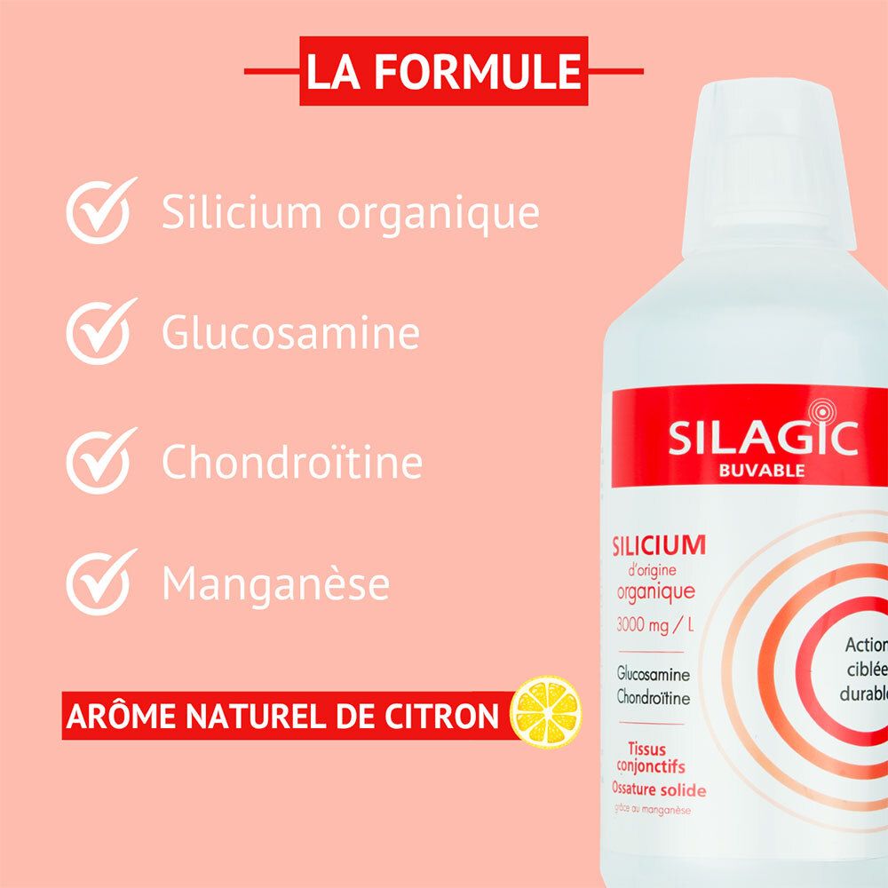 SILAGIC buvable: Bouteille avec étiquette, "La Formule", Silicium, Glucosamine, Chondroïtine, Manganèse.