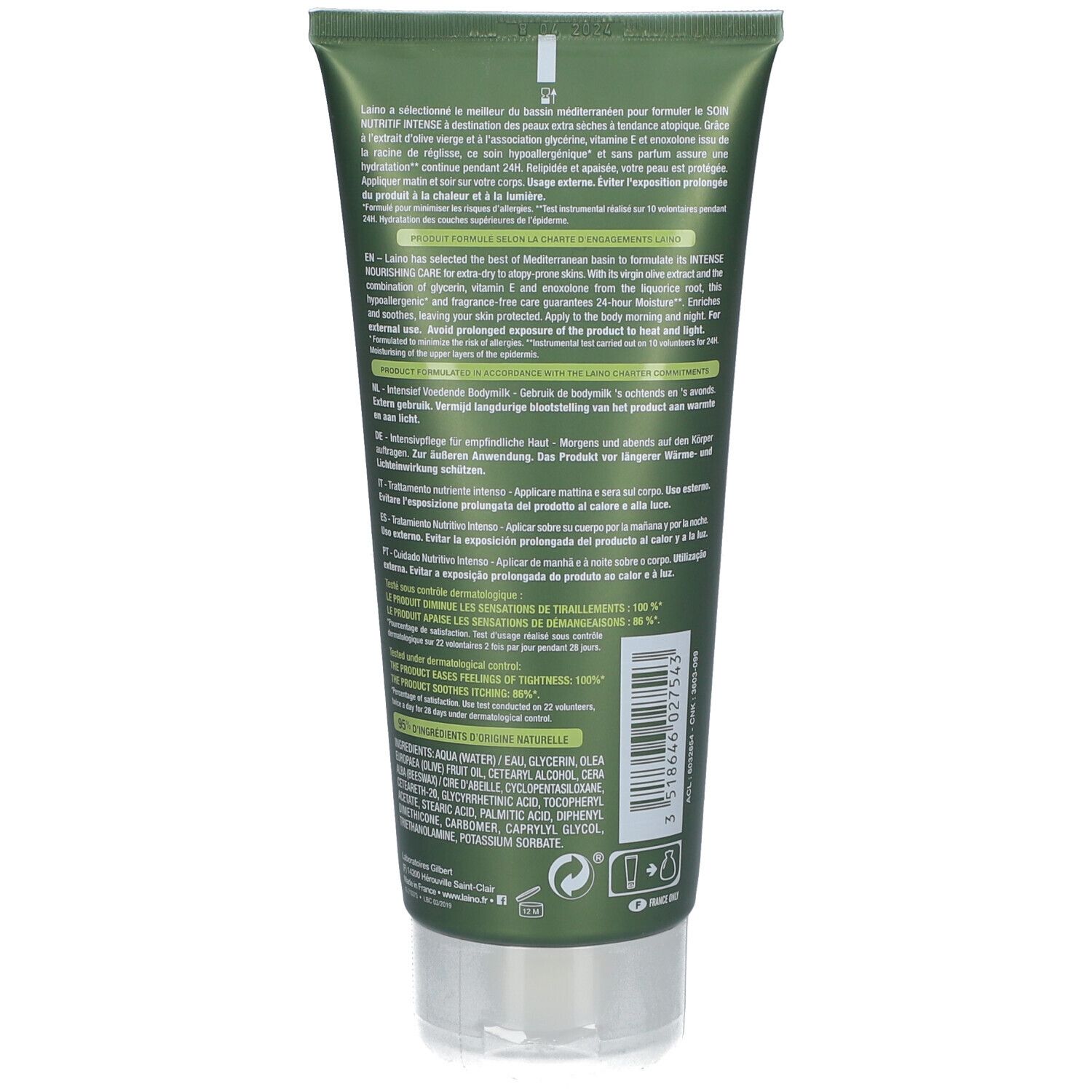 Tube vert avec bouchon argenté. Texte sur le tube. Informations sur le produit et ingrédients.